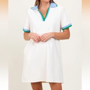 White Polo Dress with Blue/Green Trim and Pockets